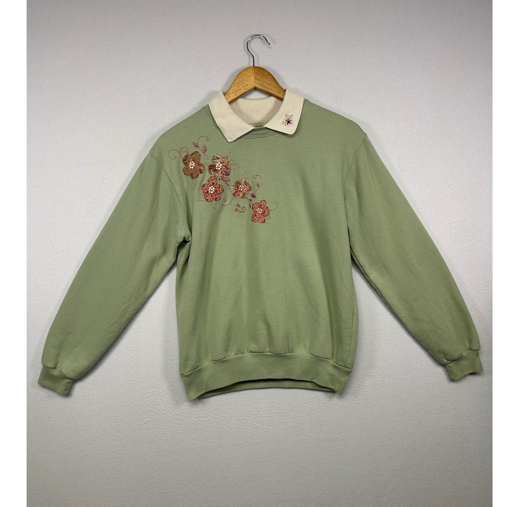Cottagecore Top Stitch by Morning Sun Womens Small Green Floral Collared Sweater